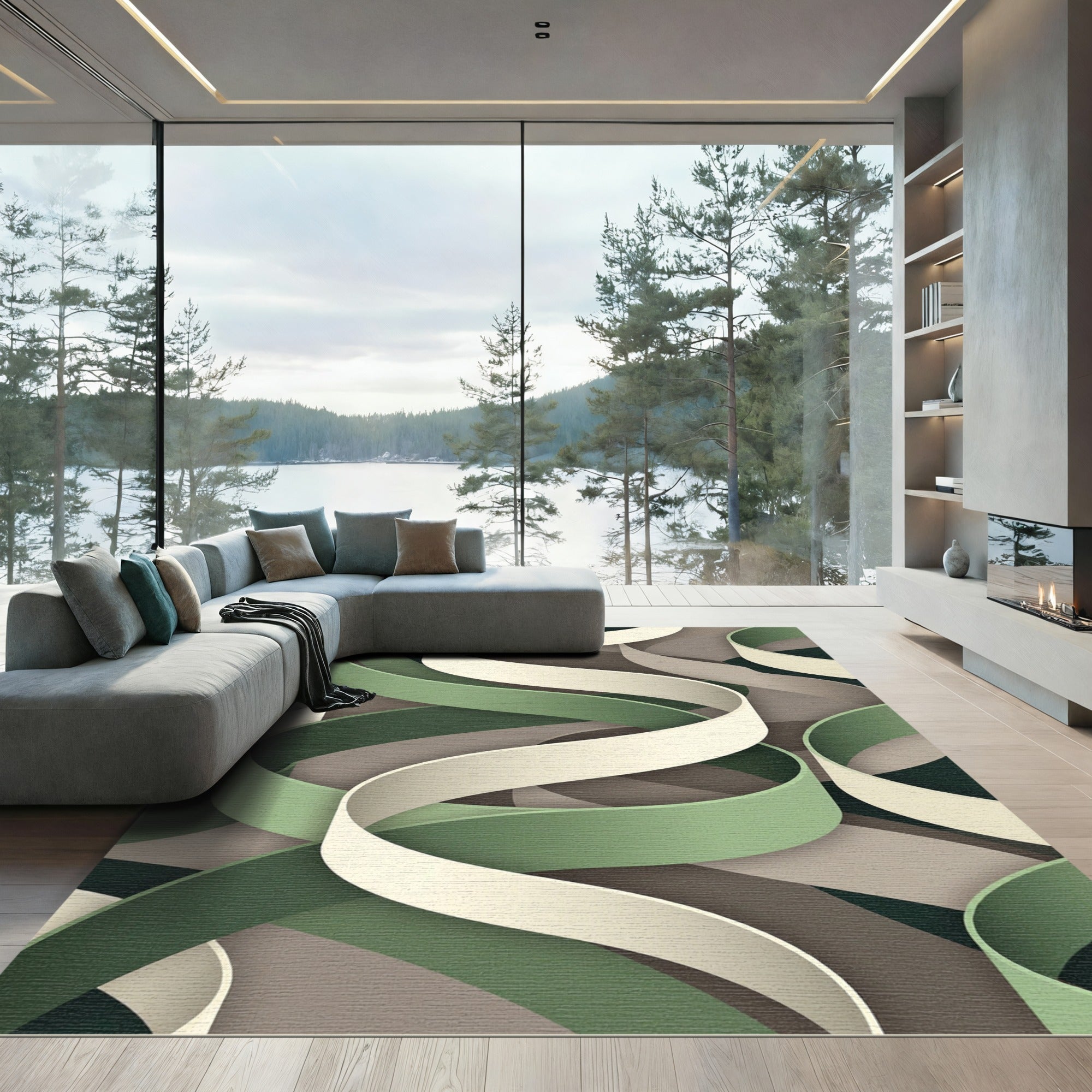 Modern Sage Green Interwoven Ribbon Wave Rug