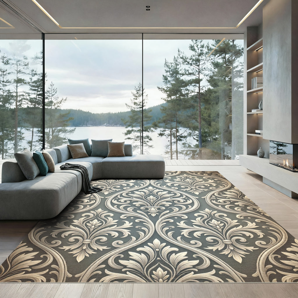 Elegant Gray White Damask Floral Scroll Rug