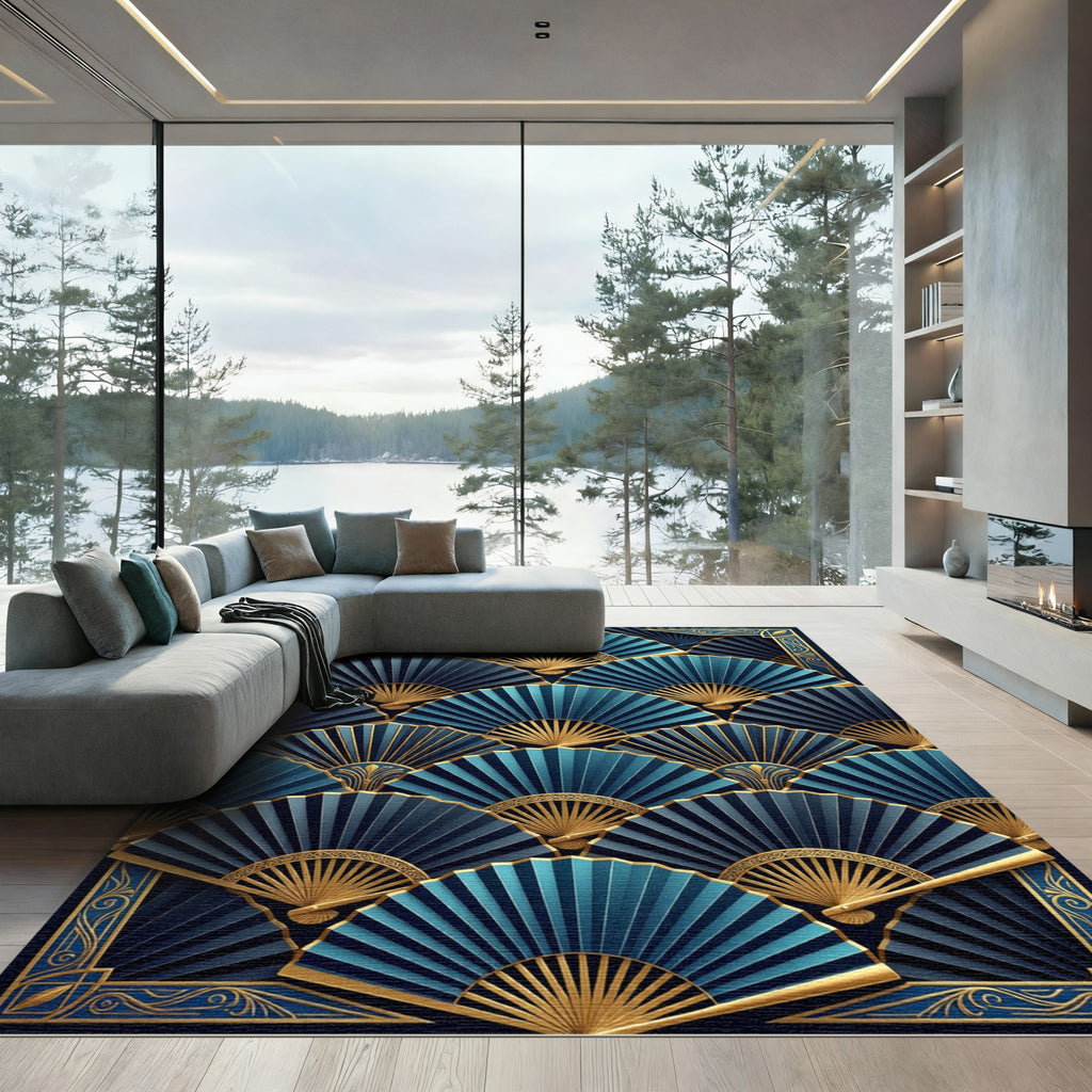 Art Deco Blue Gold Fan Ensemble Rug
