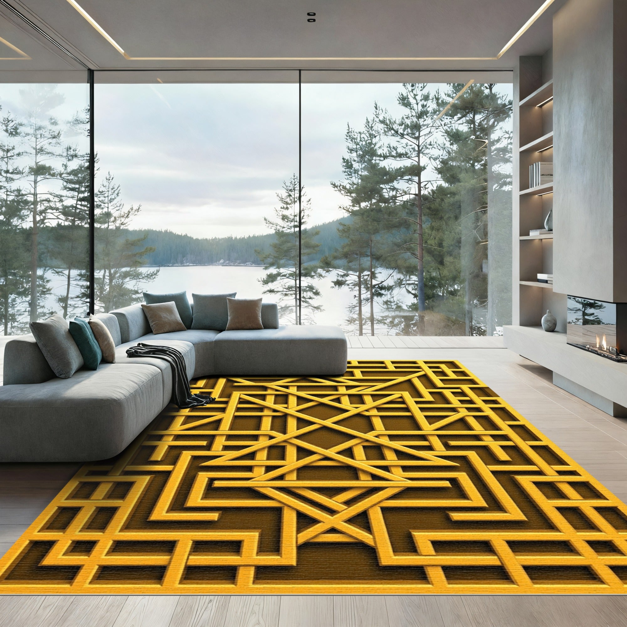 Golden Geometric Interlocking Lattice Square Rug