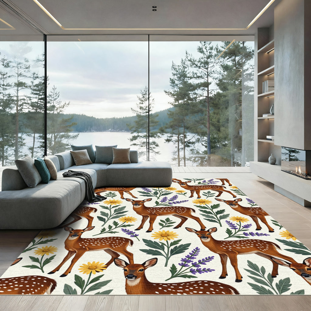 Charming Fawn Woodland Floral Meadow Rug