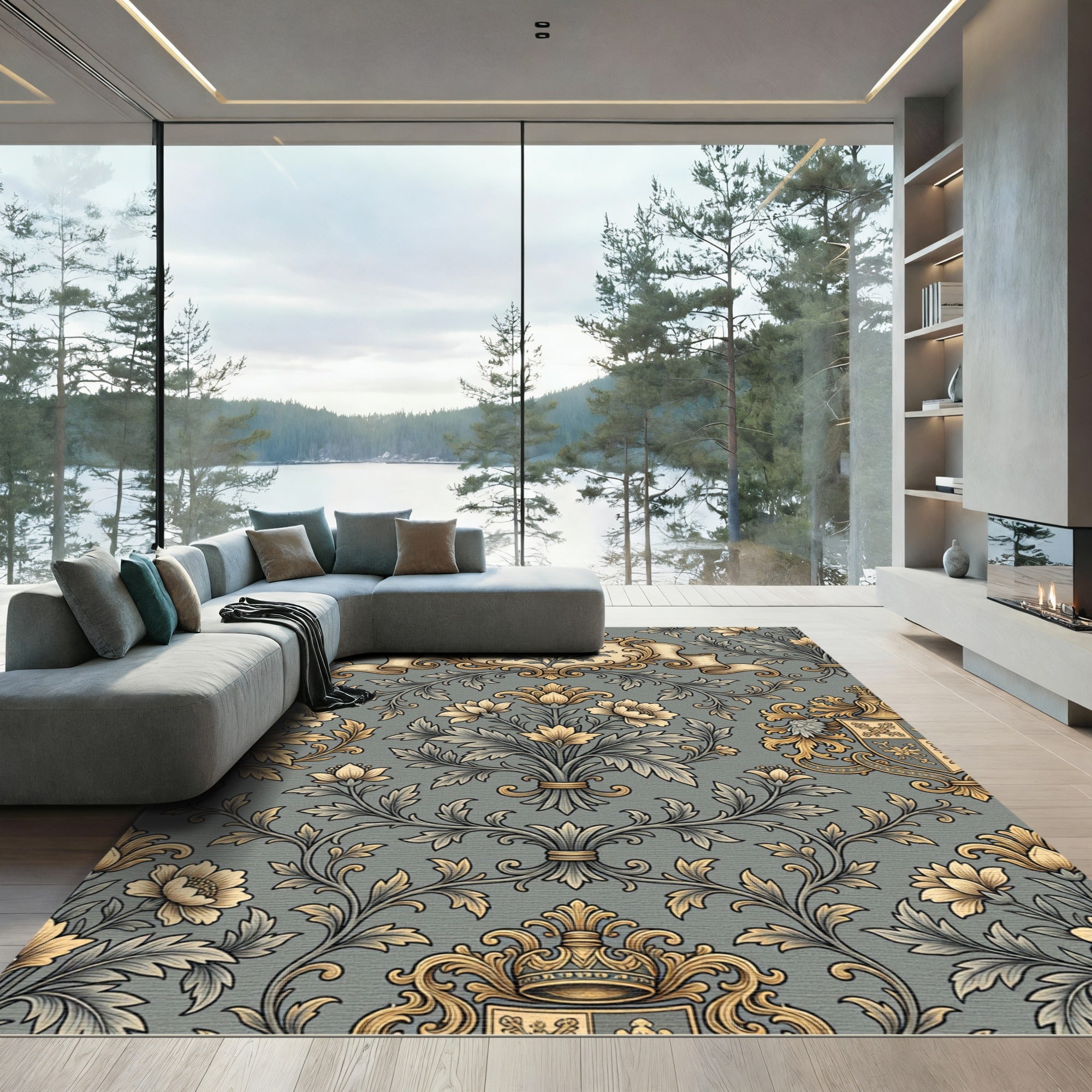 Golden Floral Acanthus Scroll Rug