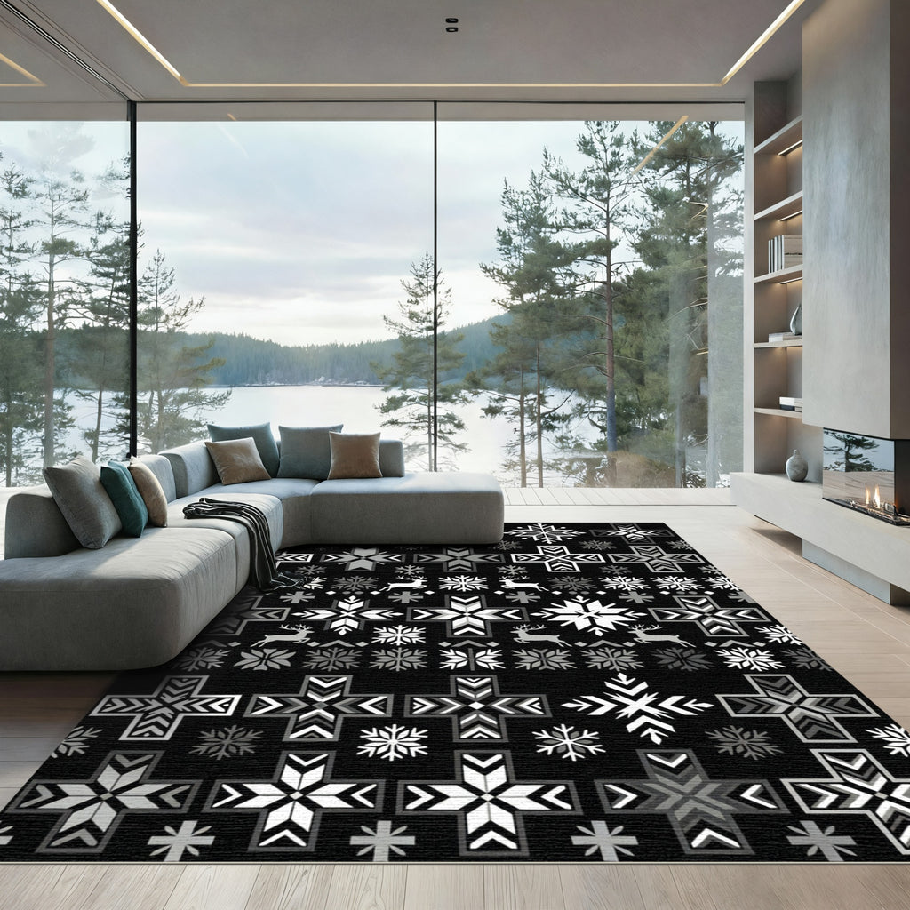 Monochromatic Snowflake Deer Cross Pattern Rug