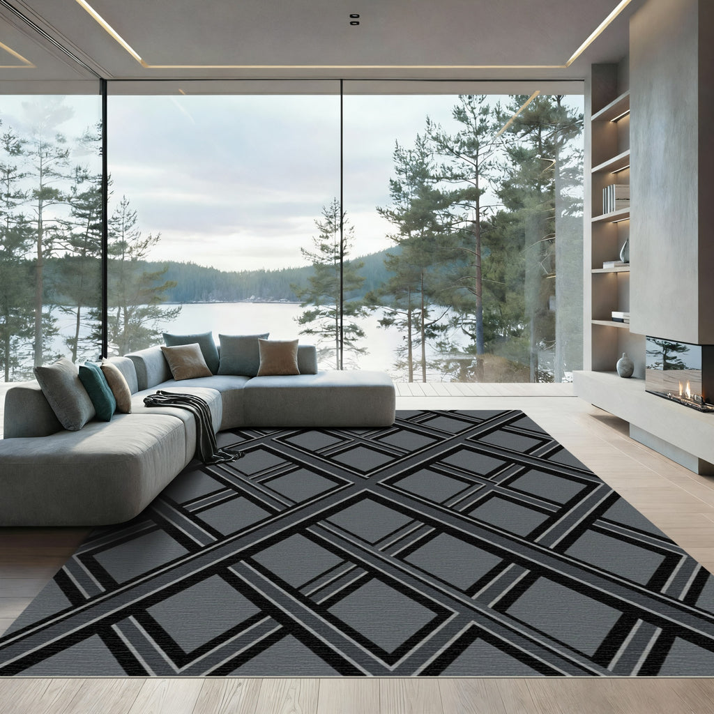 Charcoal Modern Geometric Interlocking Diamond Rug