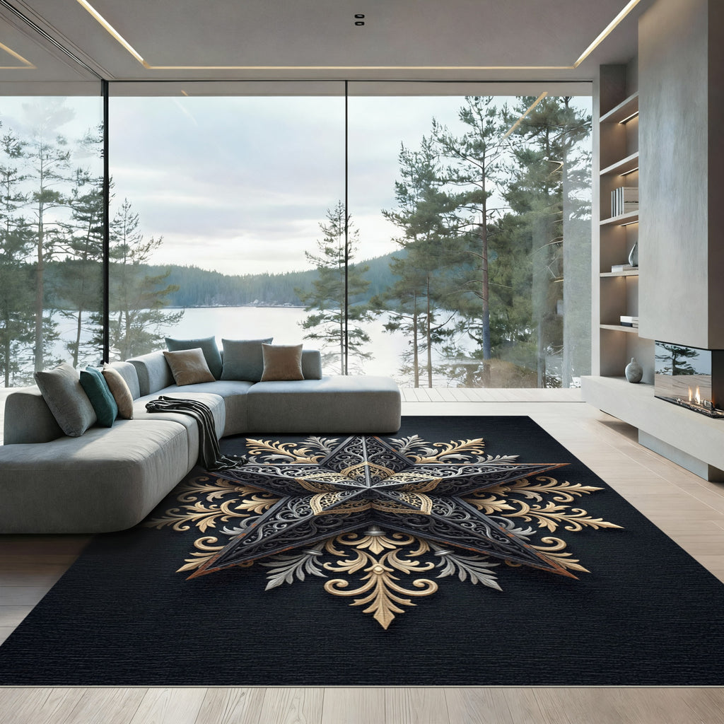 Ornate Golden Silver Star Mandala Rug