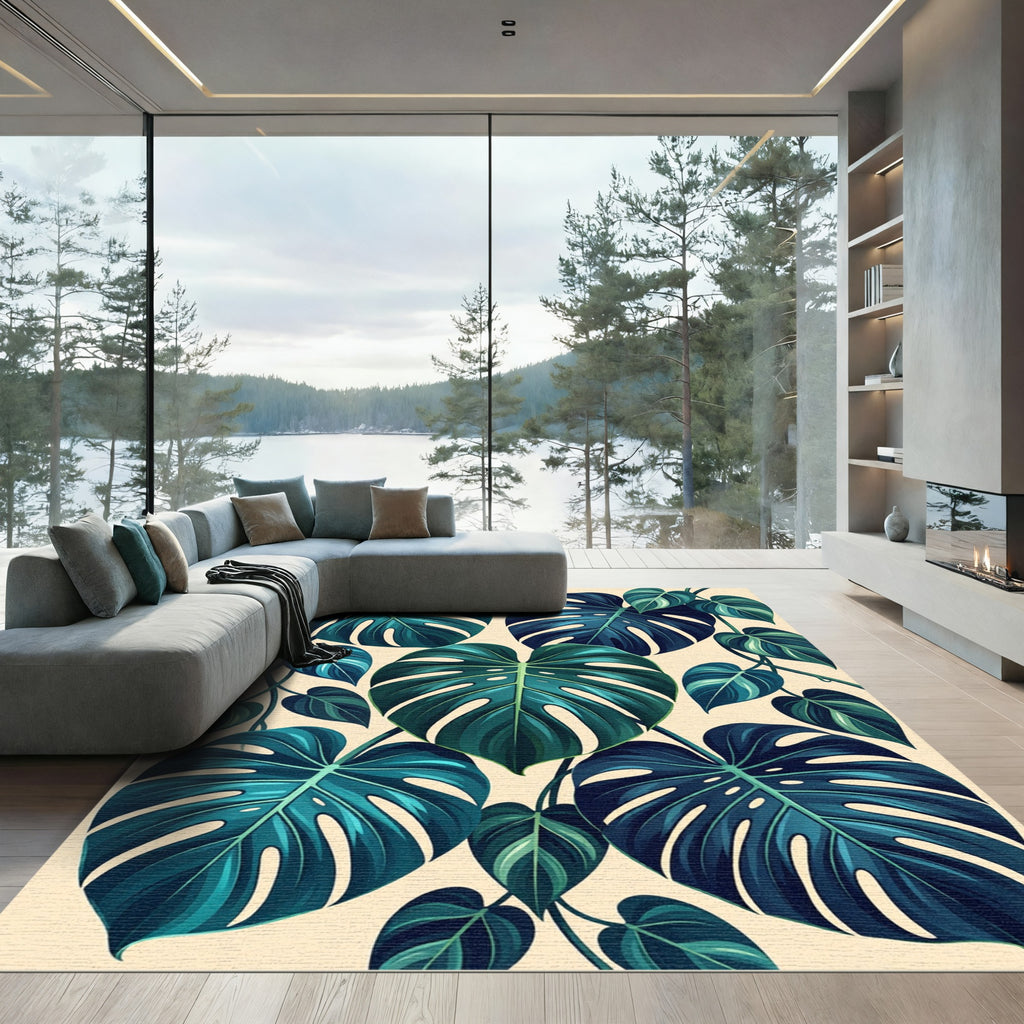 Lush Teal Tropical Monstera Foliage Rug