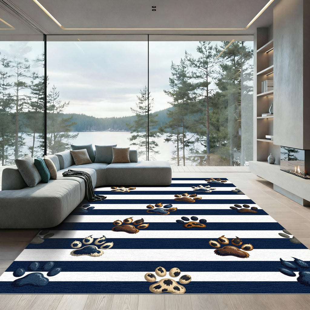 Navy Striped Animal Paw Print Rug