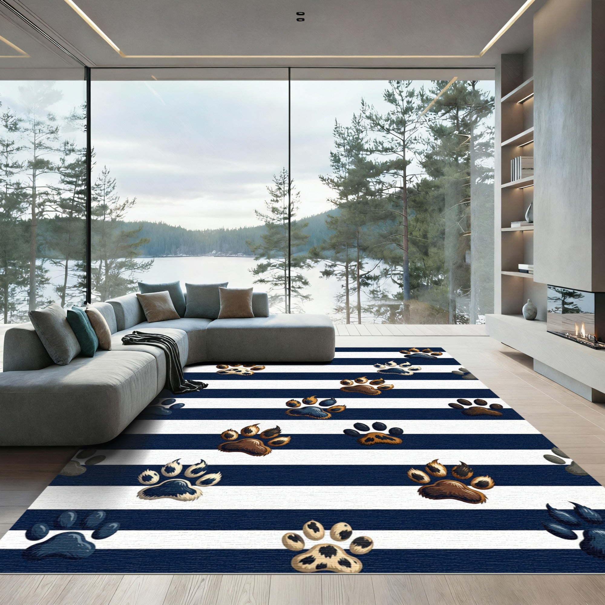 Navy Striped Animal Paw Print Rug