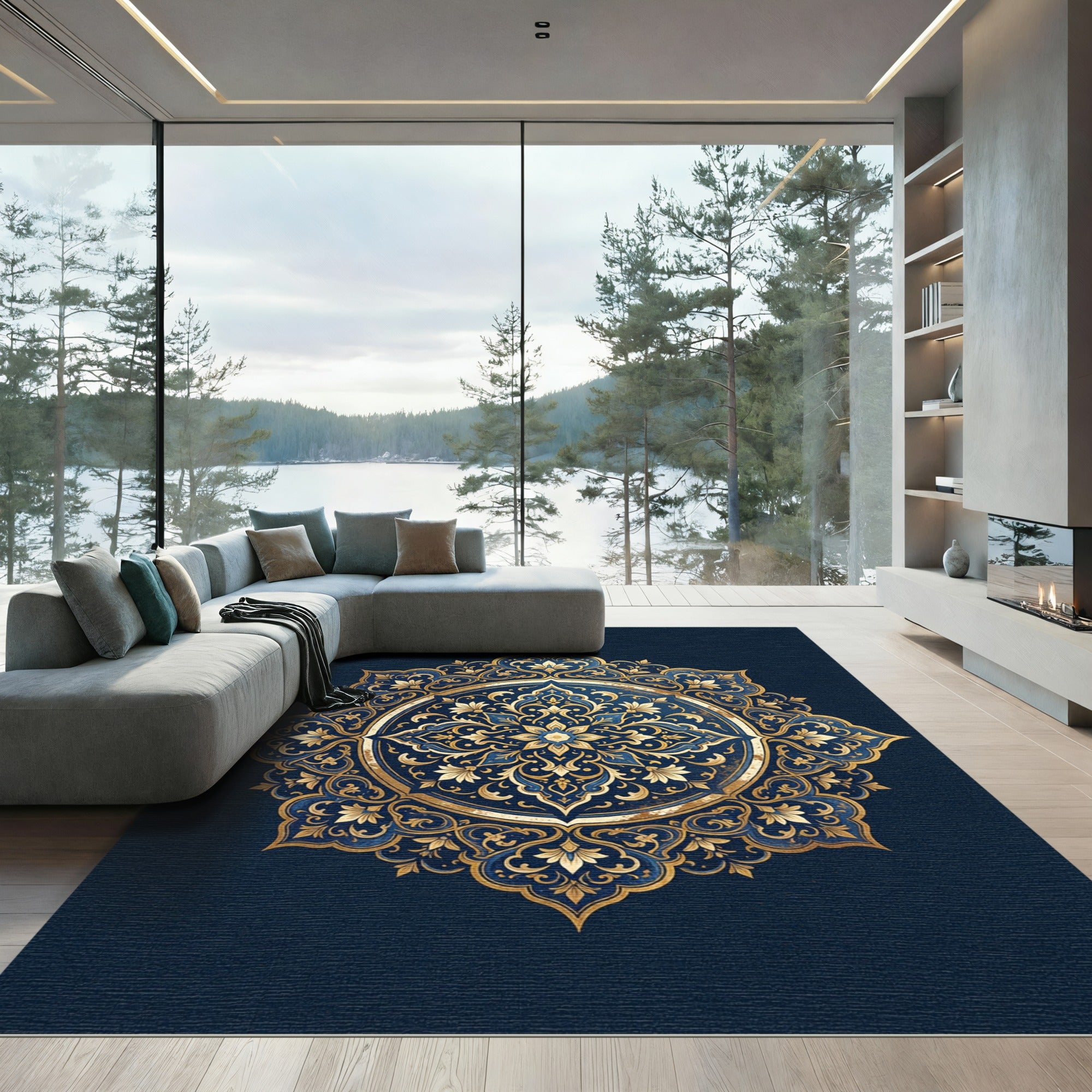 Midnight Sapphire Gold Filigree Medallion Rug
