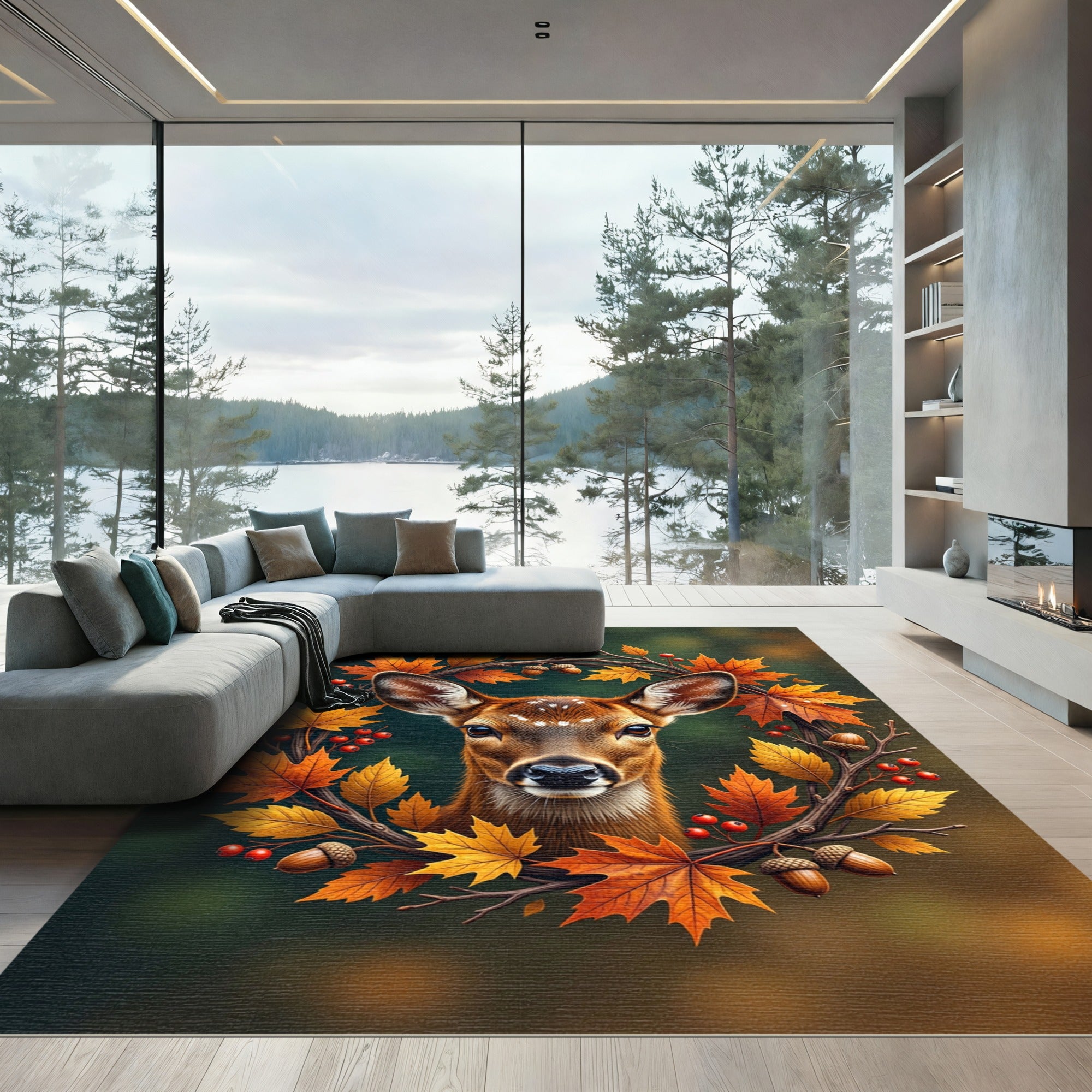 Autumn Deer Wreath with Golden Leaves Rug