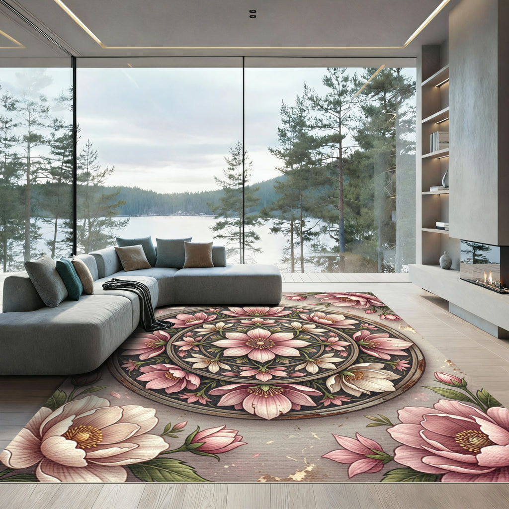 Pink Floral Medallion With Green Leaves Rug