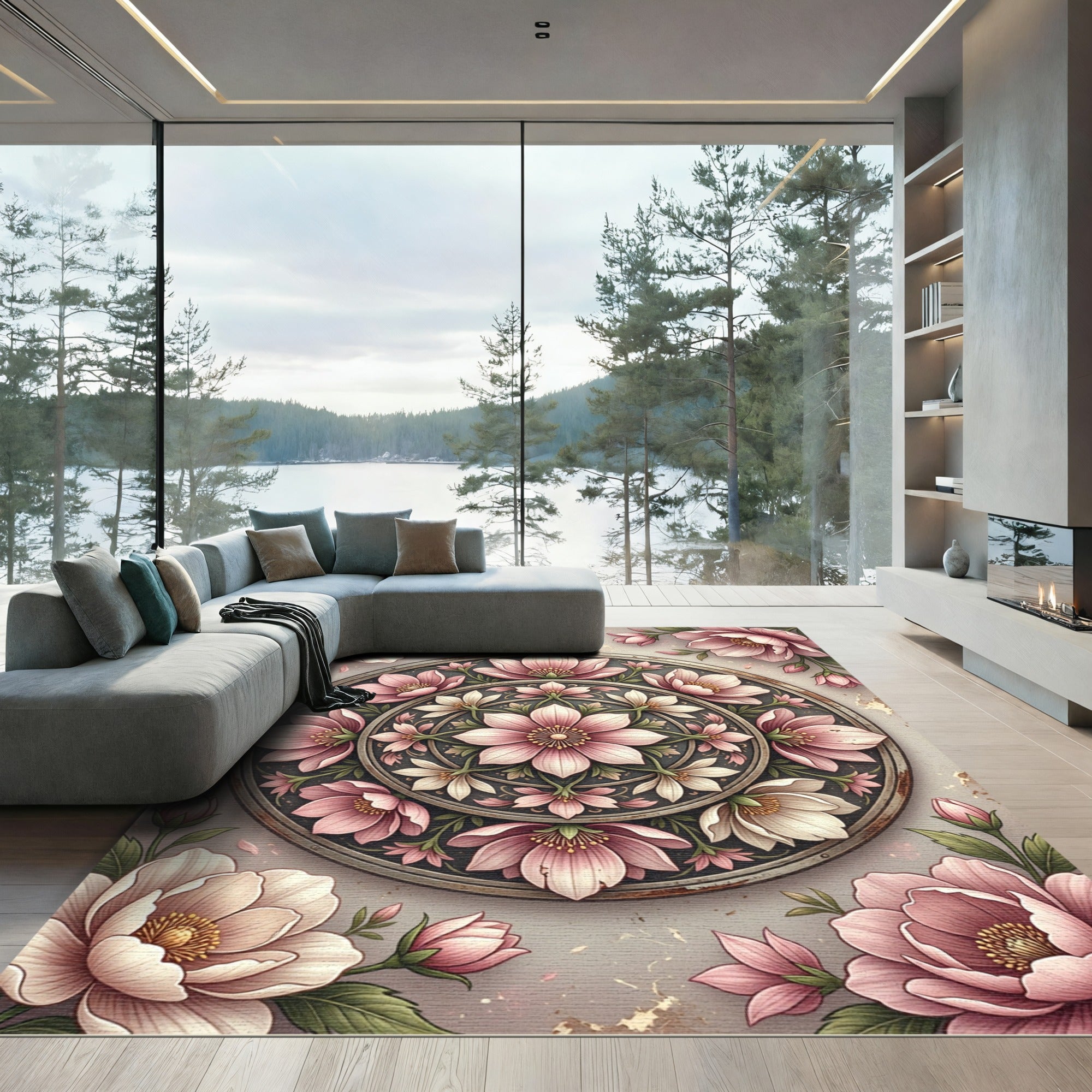 Pink Floral Medallion With Green Leaves Rug