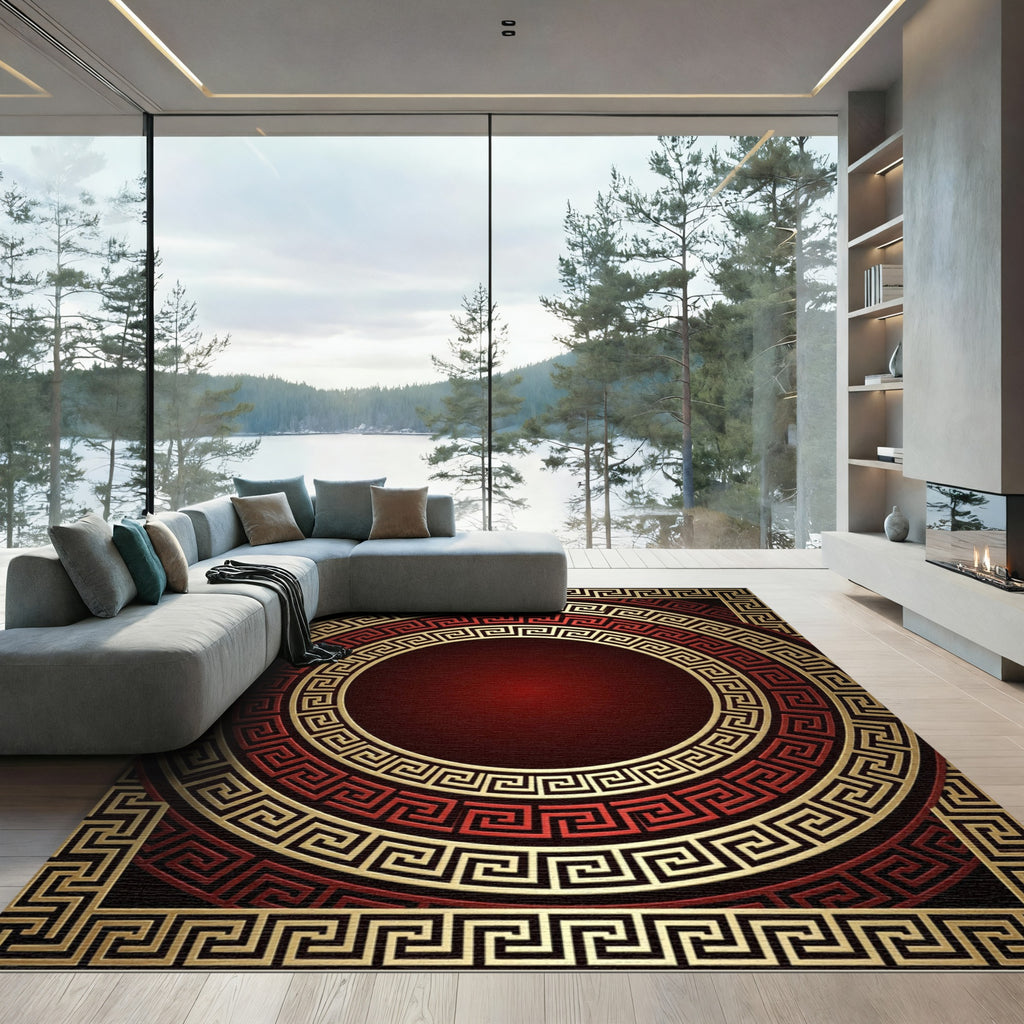 Crimson Gold Layered Greek Key Rug