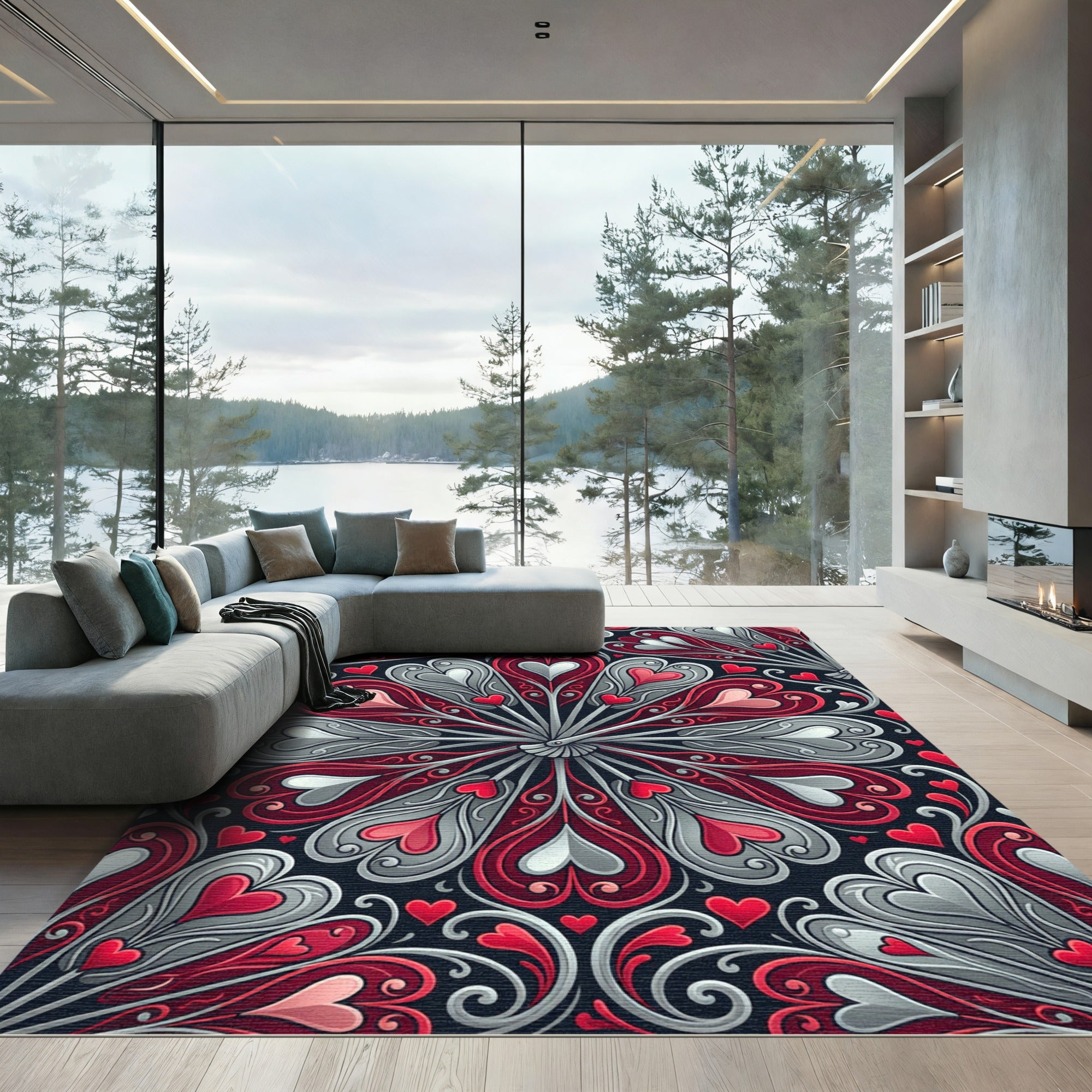 Romantic Red Heart Swirl Floral Rug