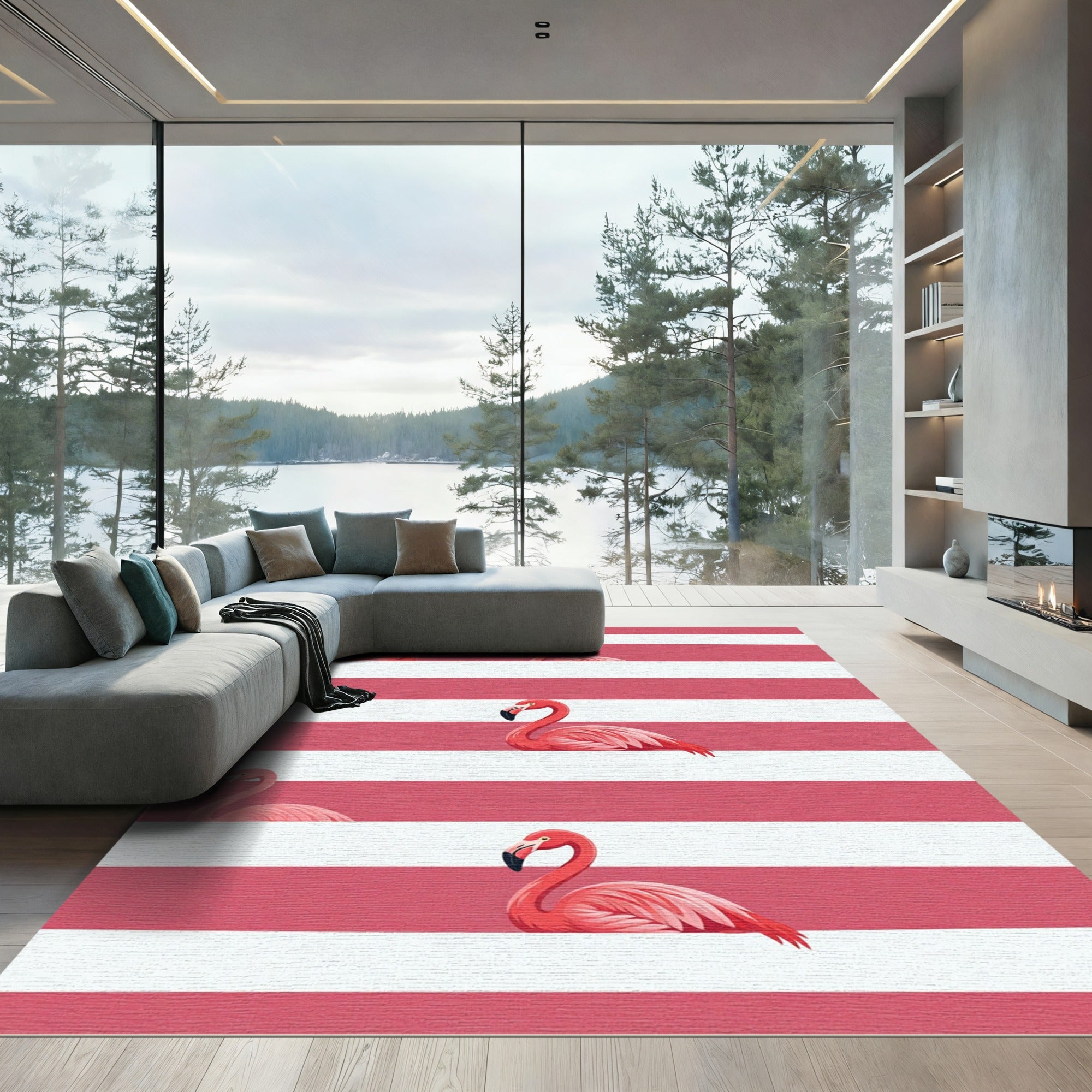 Coral Pink Flamingo Stripe Pattern Rug