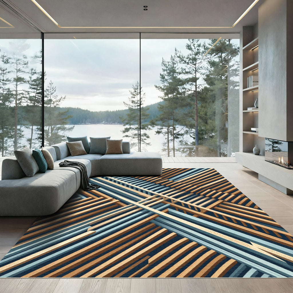 Tan Blue Crossed Beams Rug