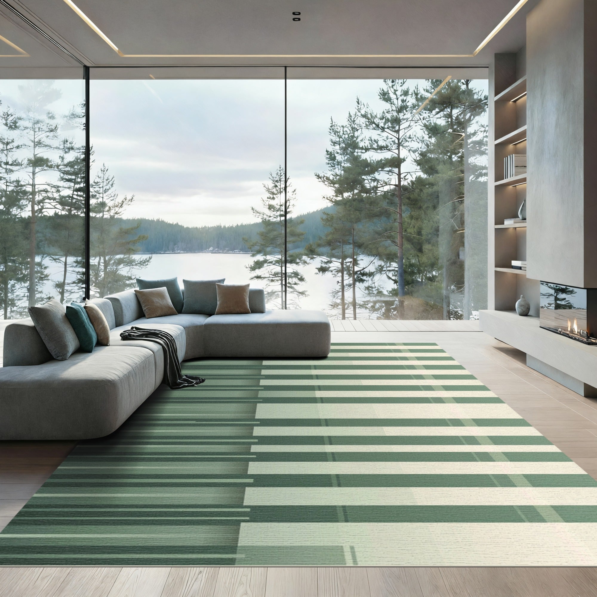 Modern Sage Green Linear Bar Rug