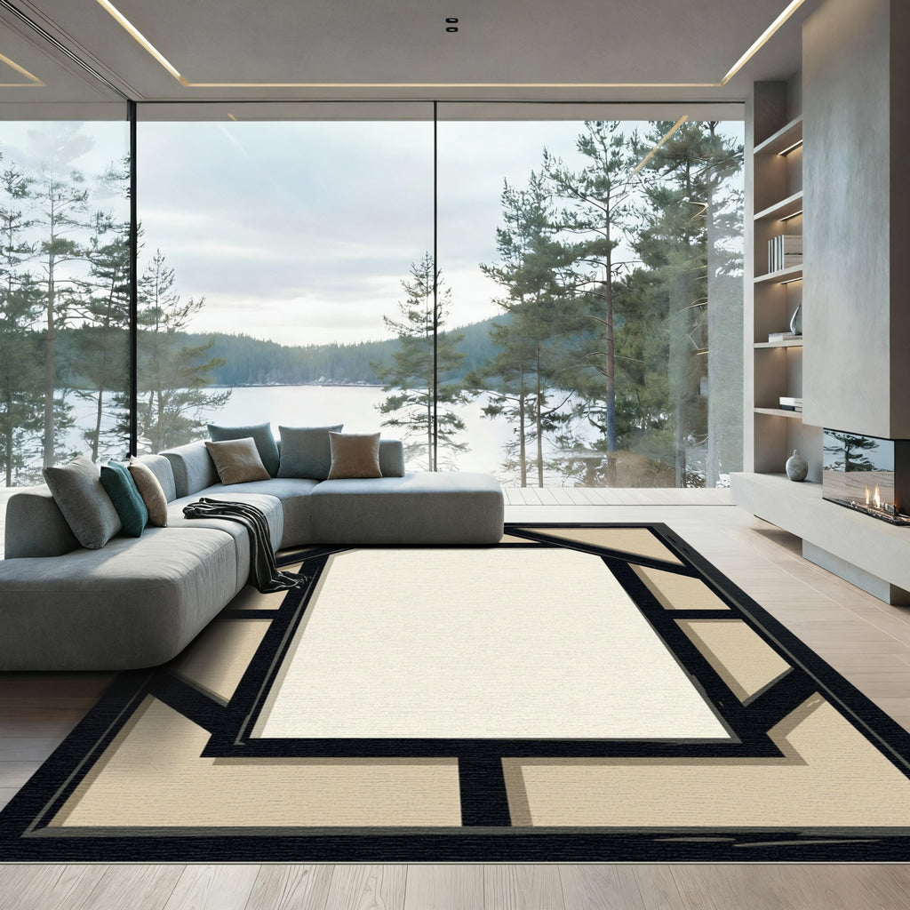 Geometric Black Frame Beige Rug