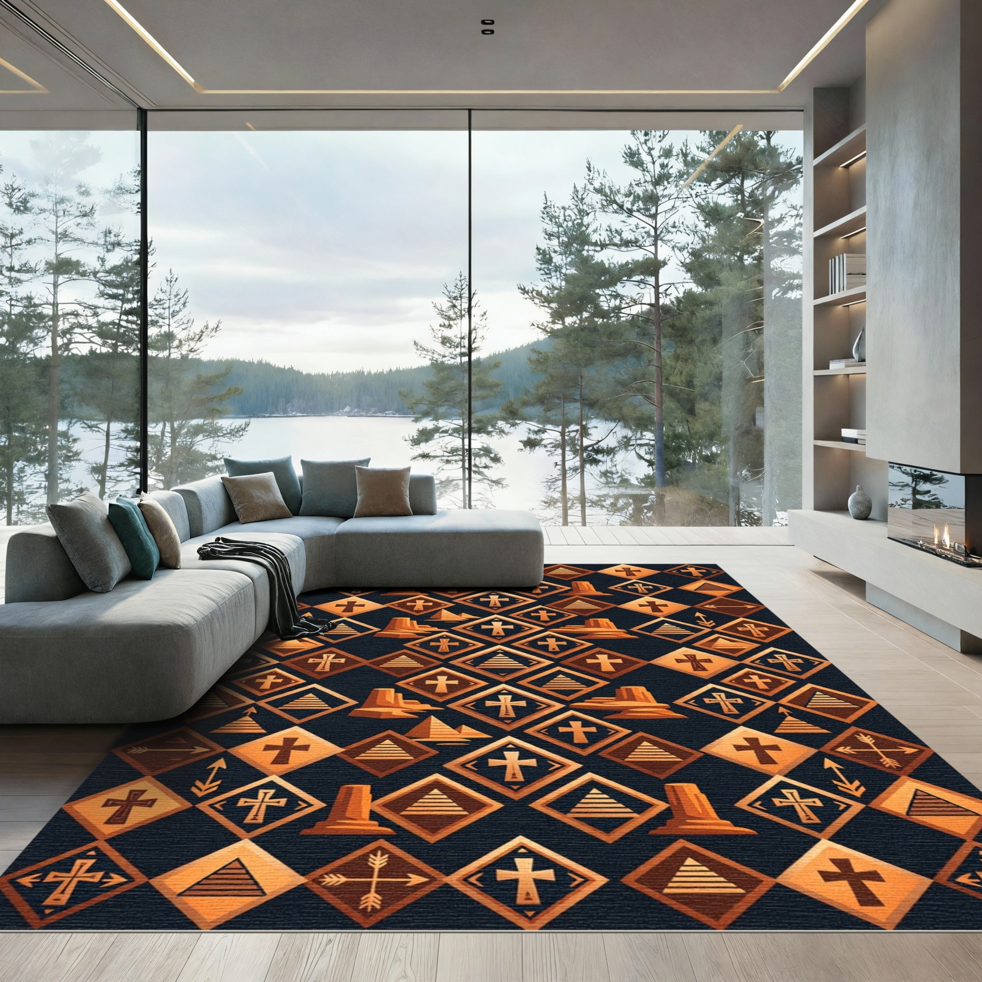 Copper Geometric Desert Cross Diamond Rug