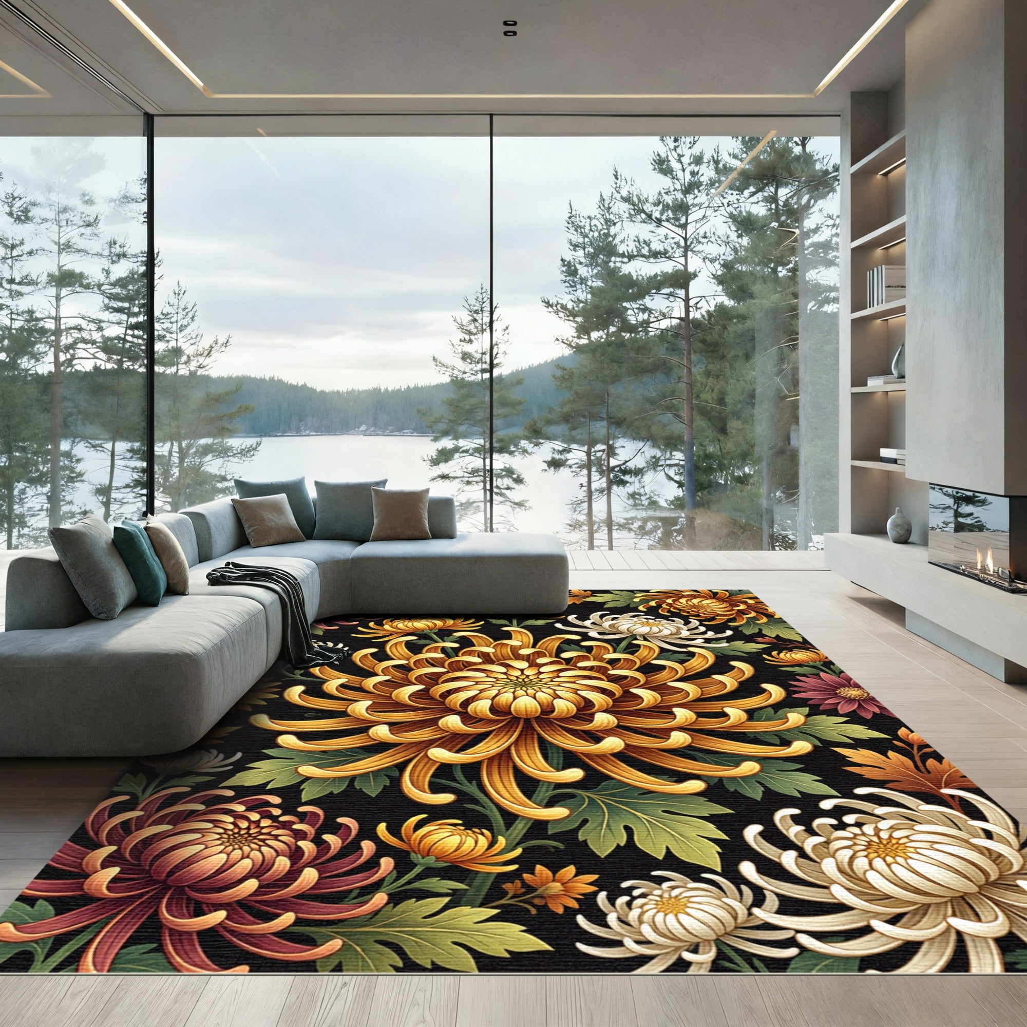 Golden Chrysanthemum Floral Black Botanical Rug