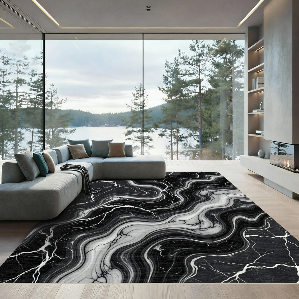 Black White Marble Vein Swirl Rug