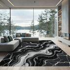 Black White Marble Vein Swirl Rug