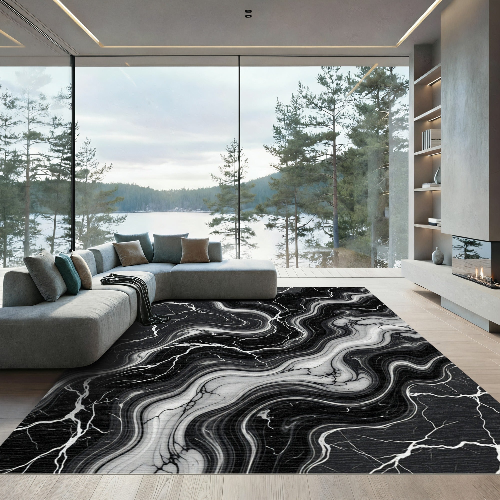 Black White Marble Vein Swirl Rug