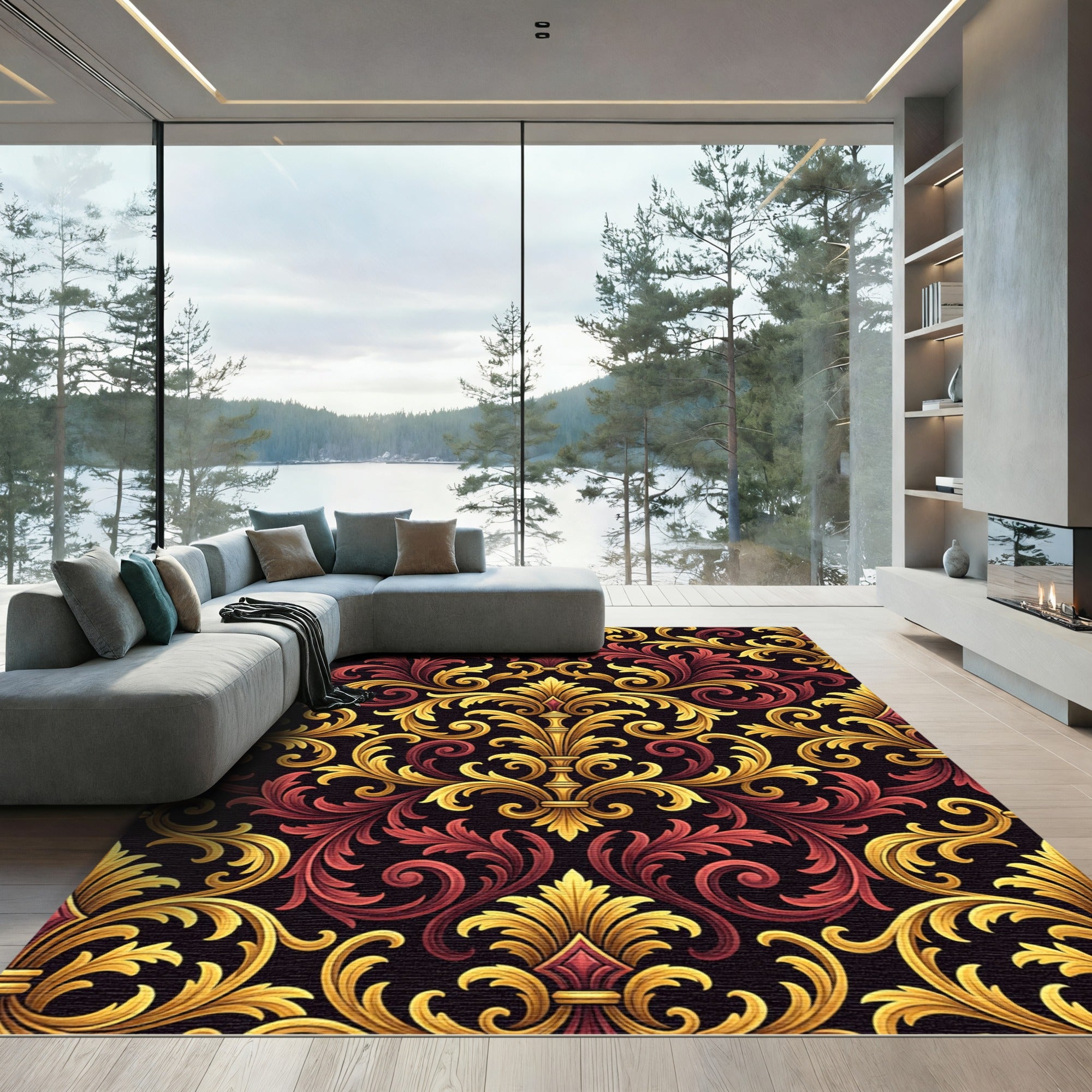 Ornate Gold and Crimson Damask Rug