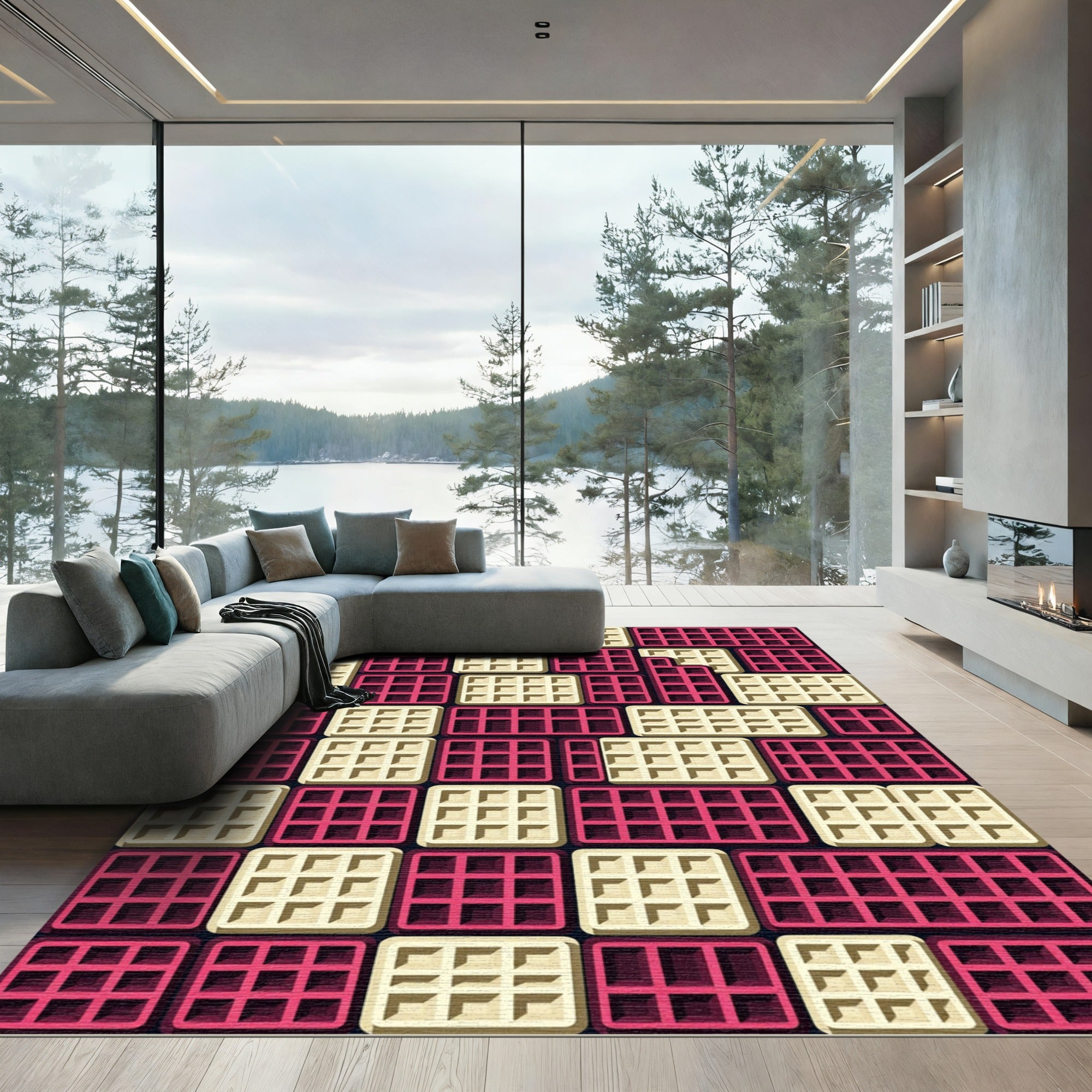 Geometric Waffle Grid in Fuchsia and Cream Rug