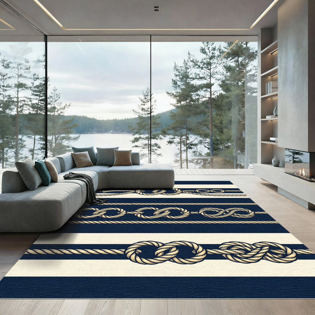 Navy and Cream Nautical Rope Stripe Rug