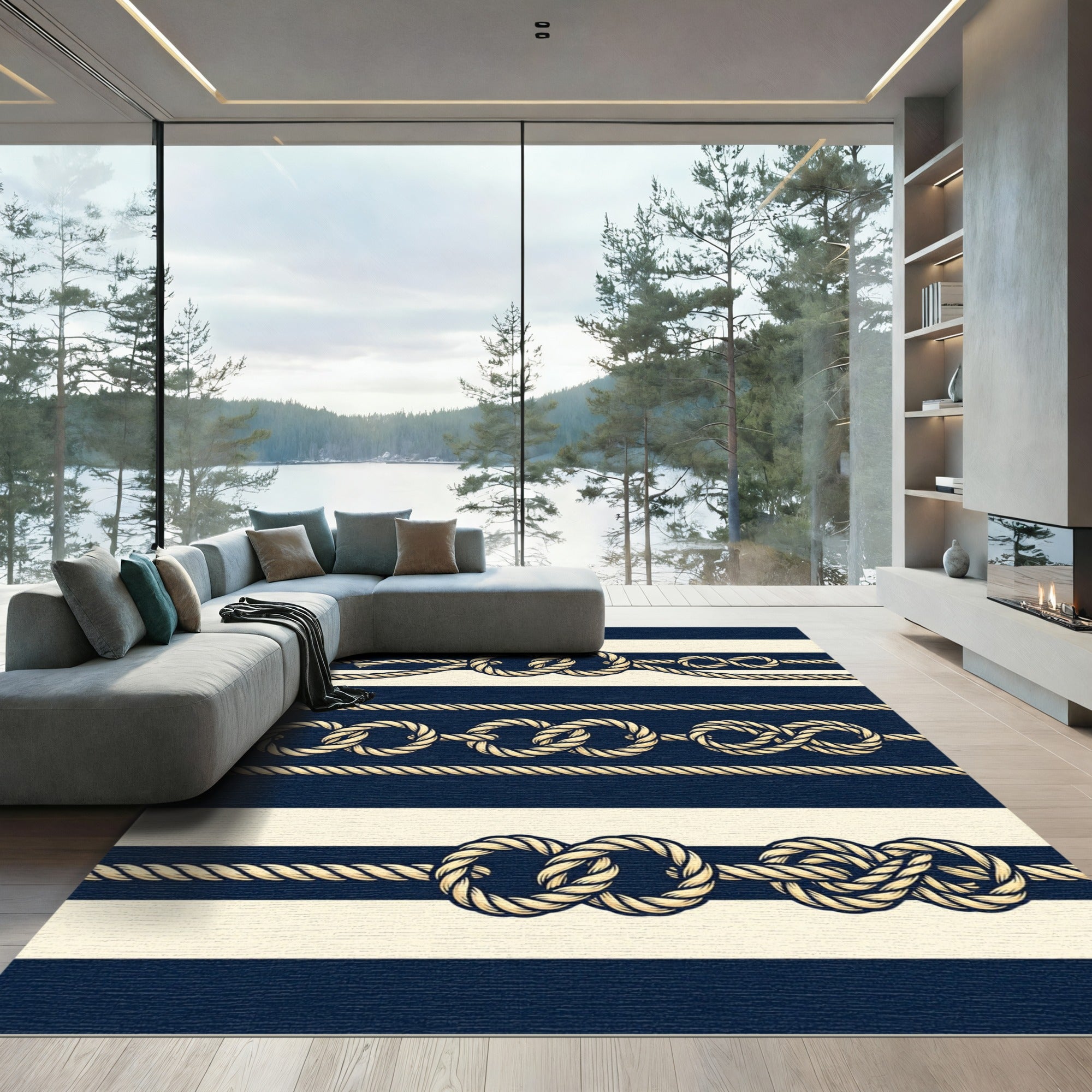 Navy and Cream Nautical Rope Stripe Rug