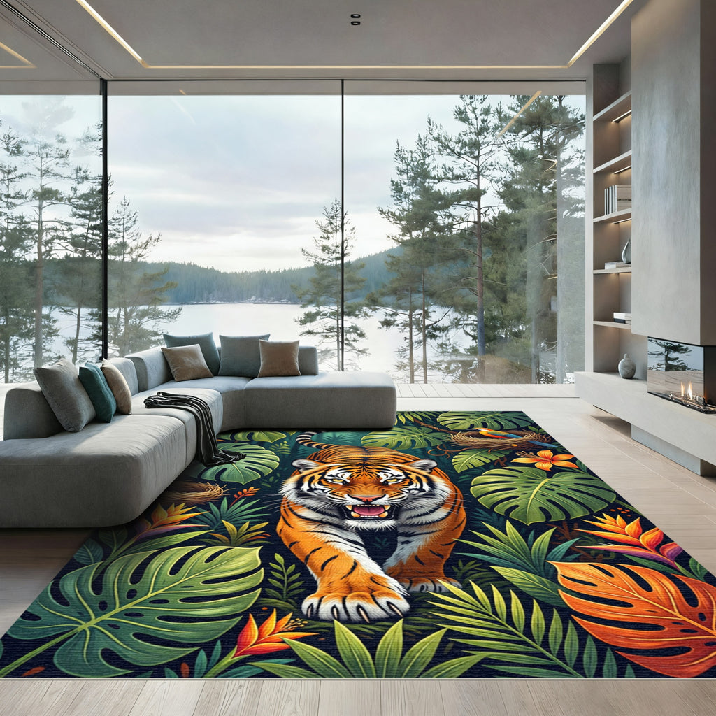 Vibrant Tropical Tiger Jungle Foliage Rug