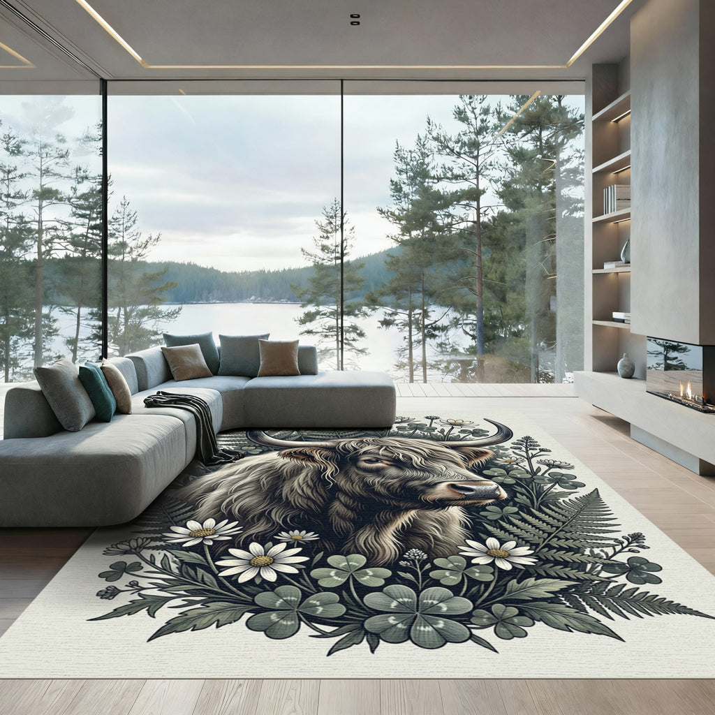 Highland Cattle Fern Clover Botanical Illustration Rug
