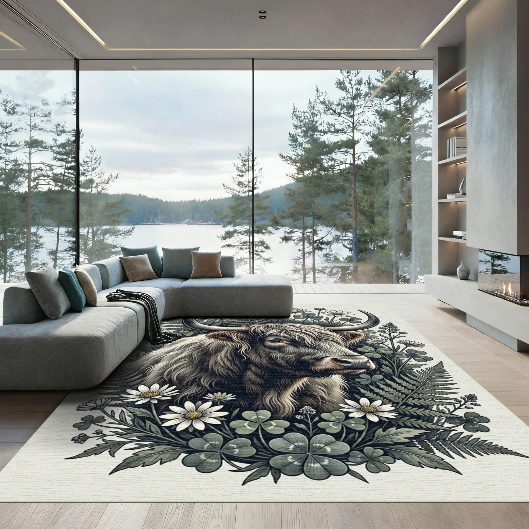 Highland Cattle Fern Clover Botanical Illustration Rug