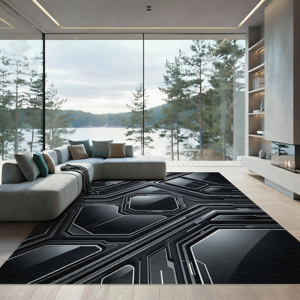Sleek Metallic Monochromatic Cyber Hexagon Rug