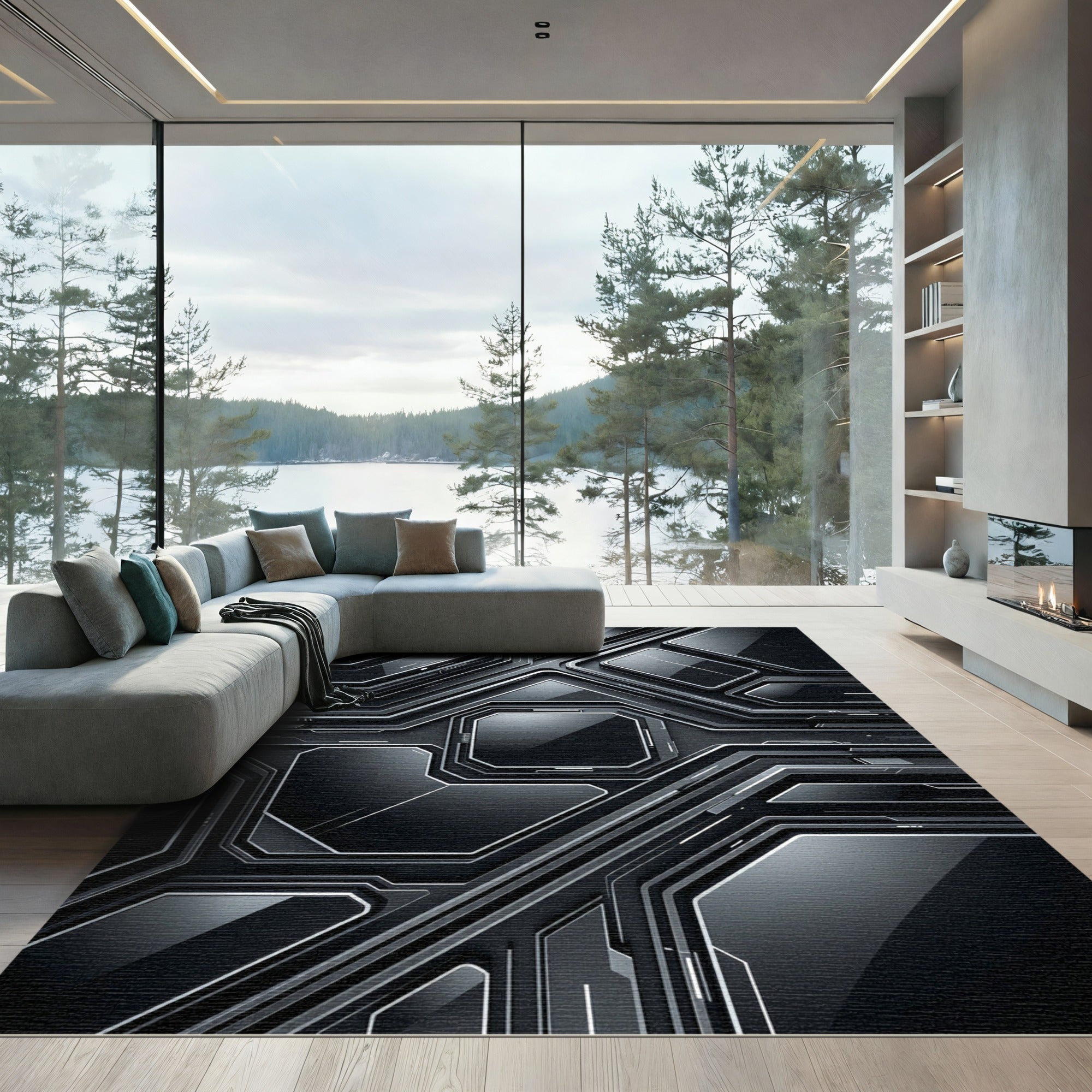 Sleek Metallic Monochromatic Cyber Hexagon Rug