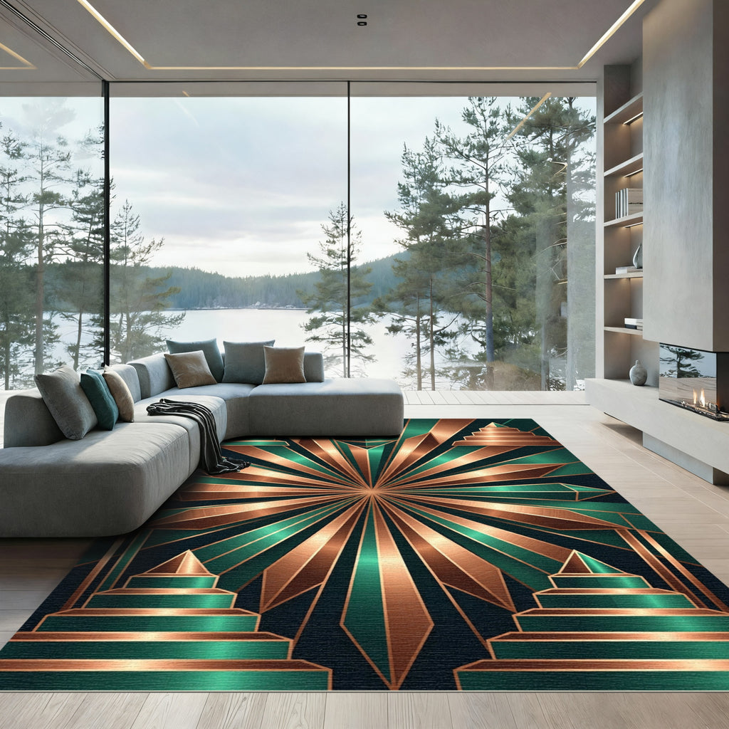 Art Deco Metallic Copper Emerald Sunburst Rug