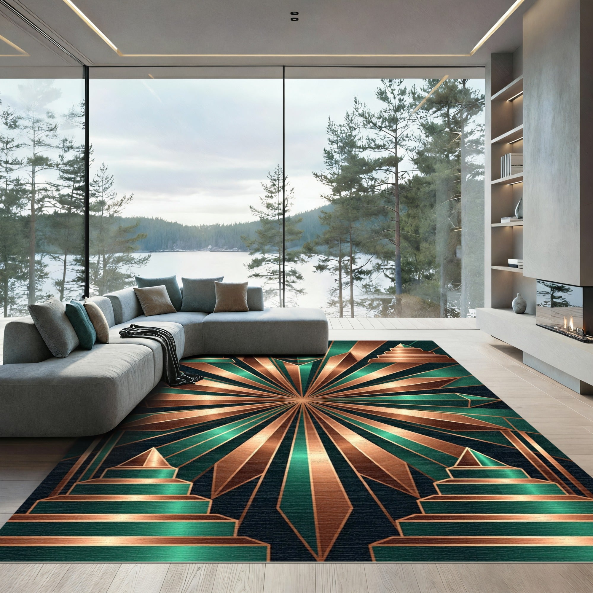 Art Deco Metallic Copper Emerald Sunburst Rug