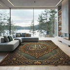 Ornate Golden Arabic Calligraphy Medallion Rug