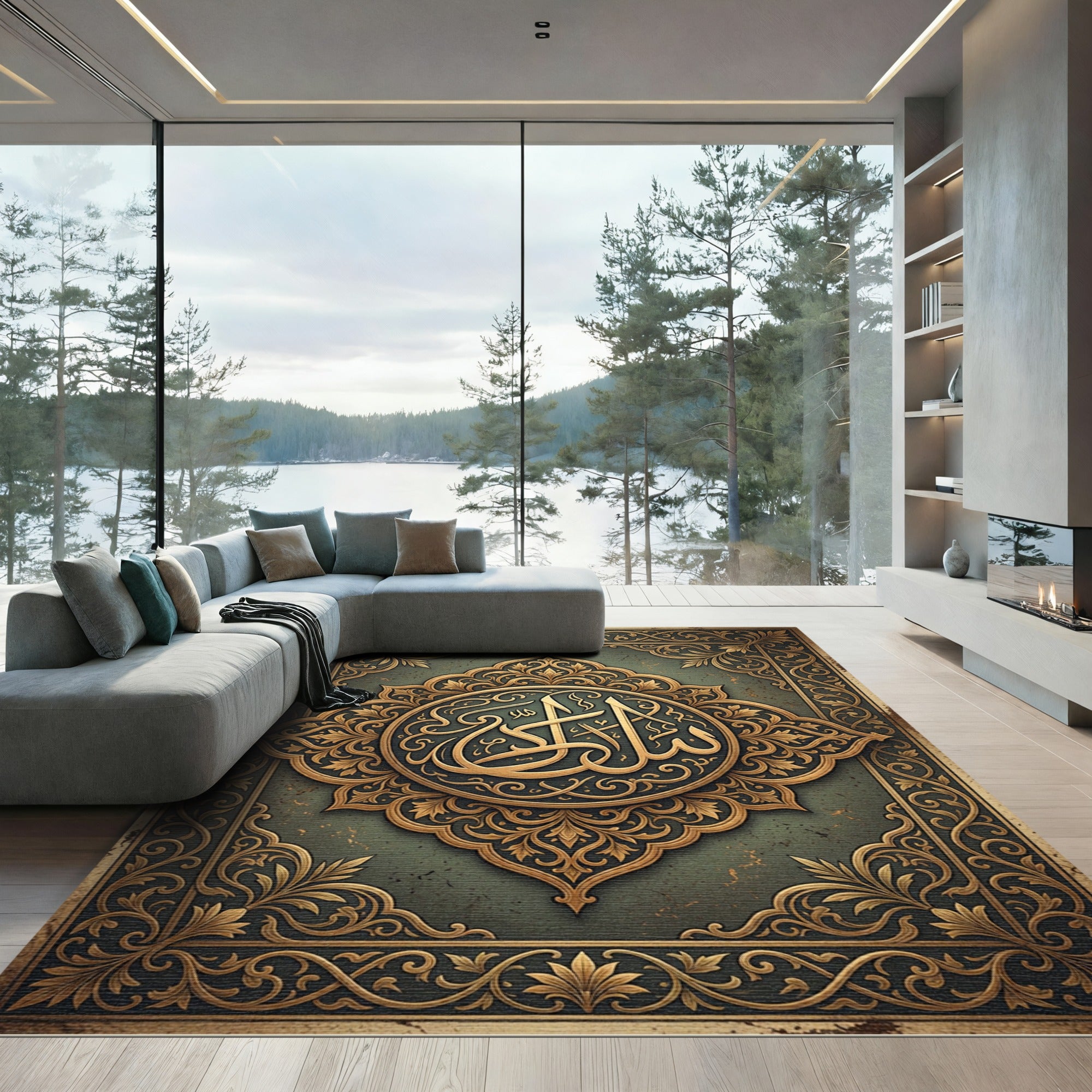 Ornate Golden Arabic Calligraphy Medallion Rug
