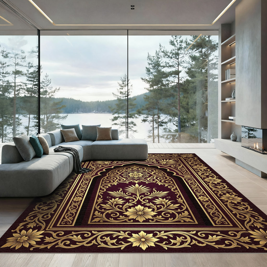 Elegant Golden Filigree Damask Burgundy Rug