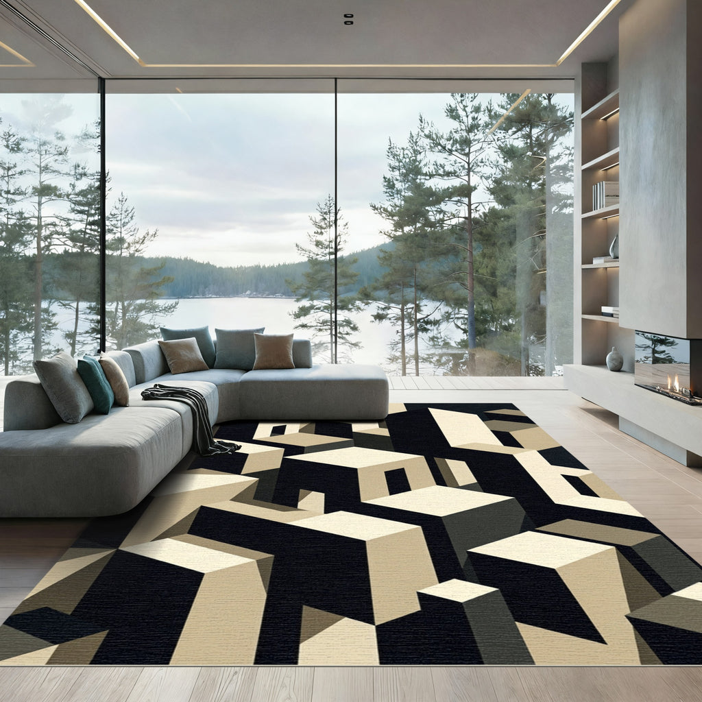 Geometric Isometric Monotone Skyscraper Art Rug