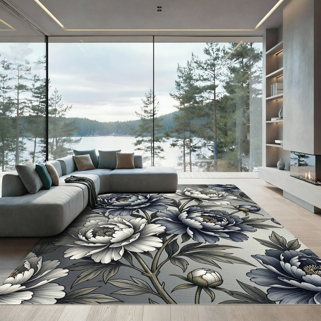 Monochromatic Peony Floral Botanical Art Rug