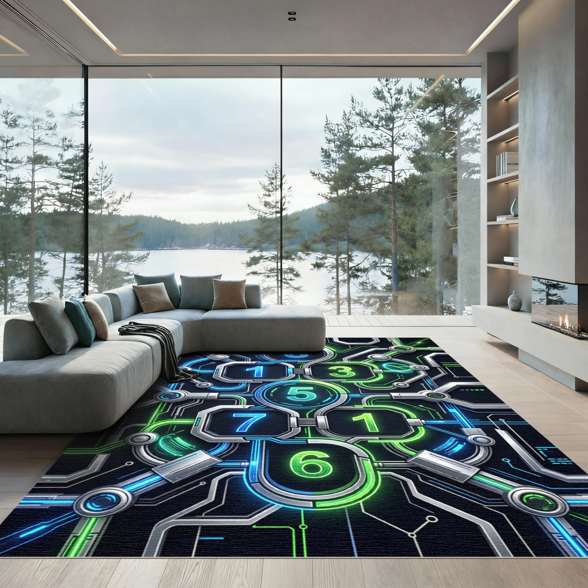 Neon Cybernetic Circuitry Glowing Digital Matrix Rug