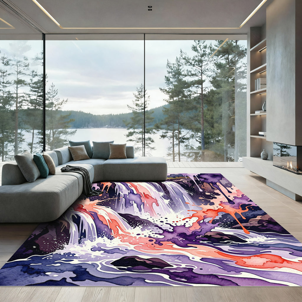 Abstract Watercolor Waterfall Violet Coral Rug