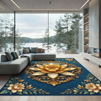 Ornate Golden Lotus Medallion Navy Rug