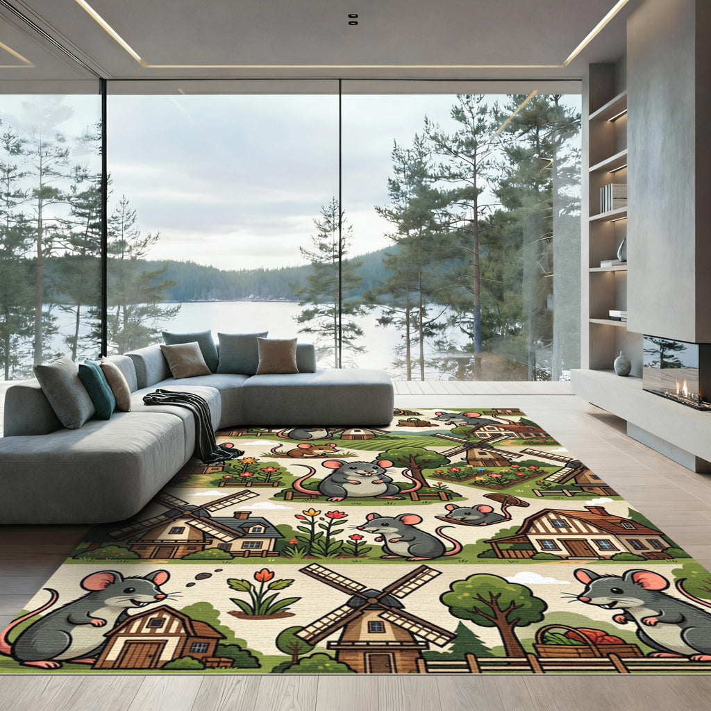 Whimsical Farmhouse Mouse and Windmill Illustration Rug