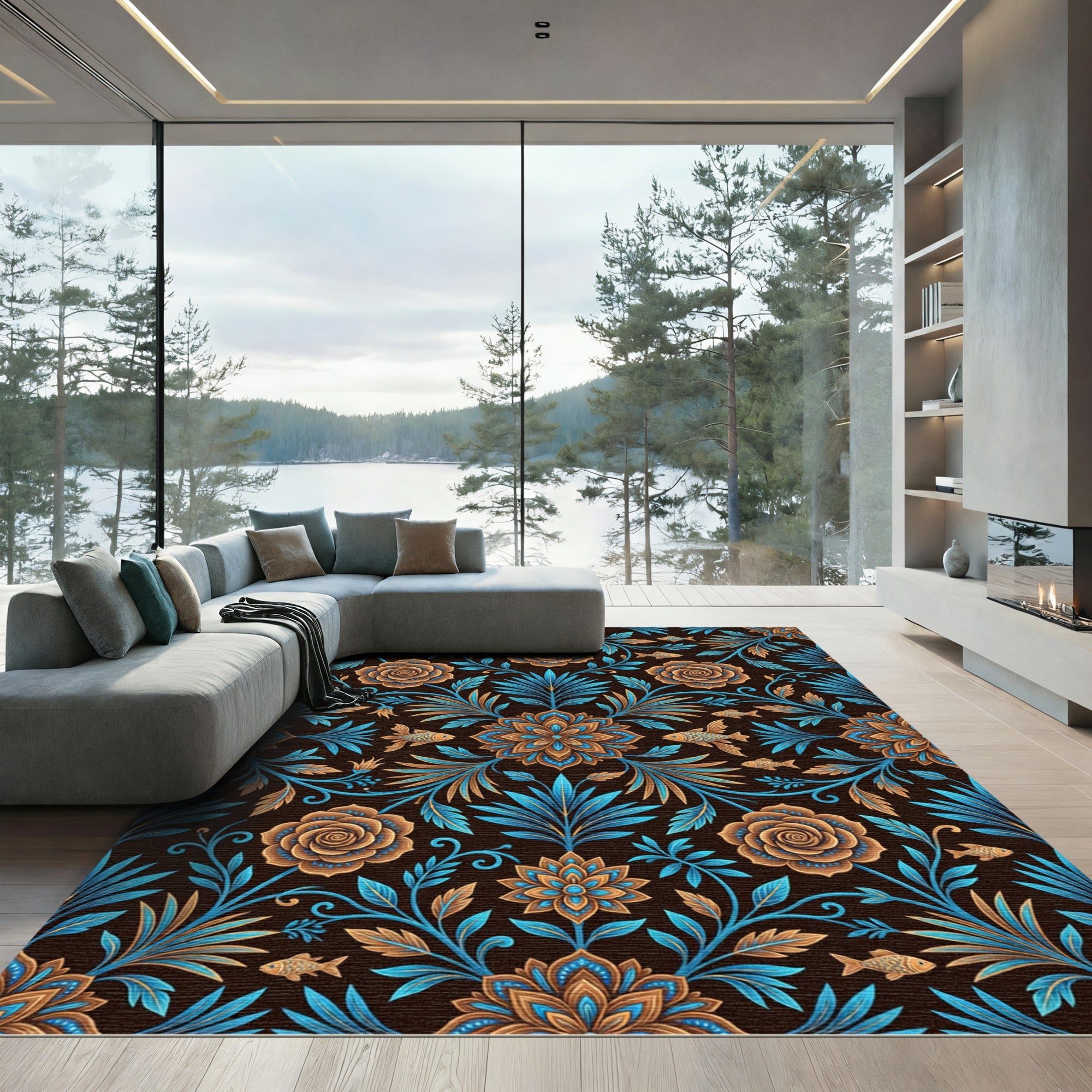 Botanical Blue and Copper Floral Fish Rug