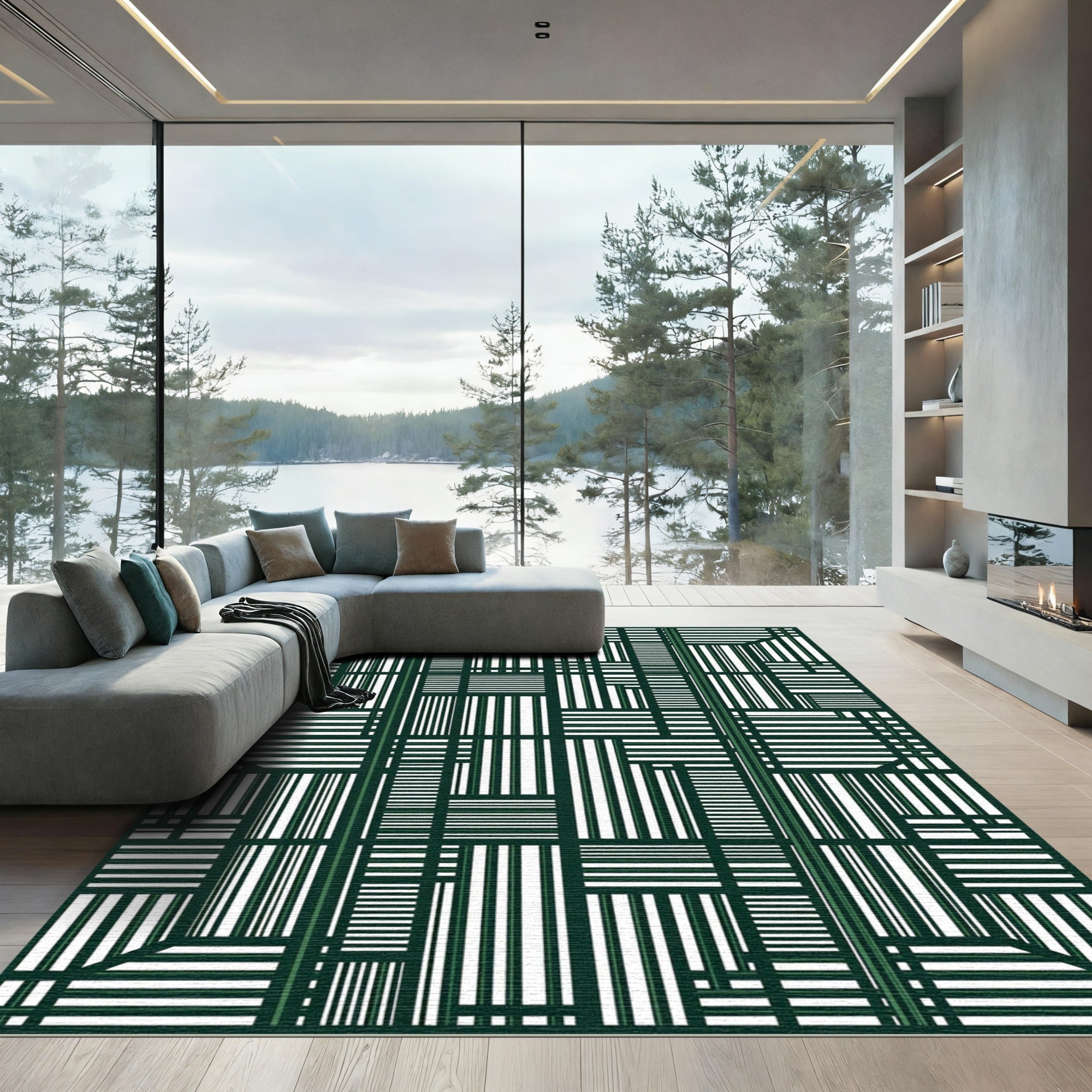 Deep Green Geometric Architectural Blocks Rug