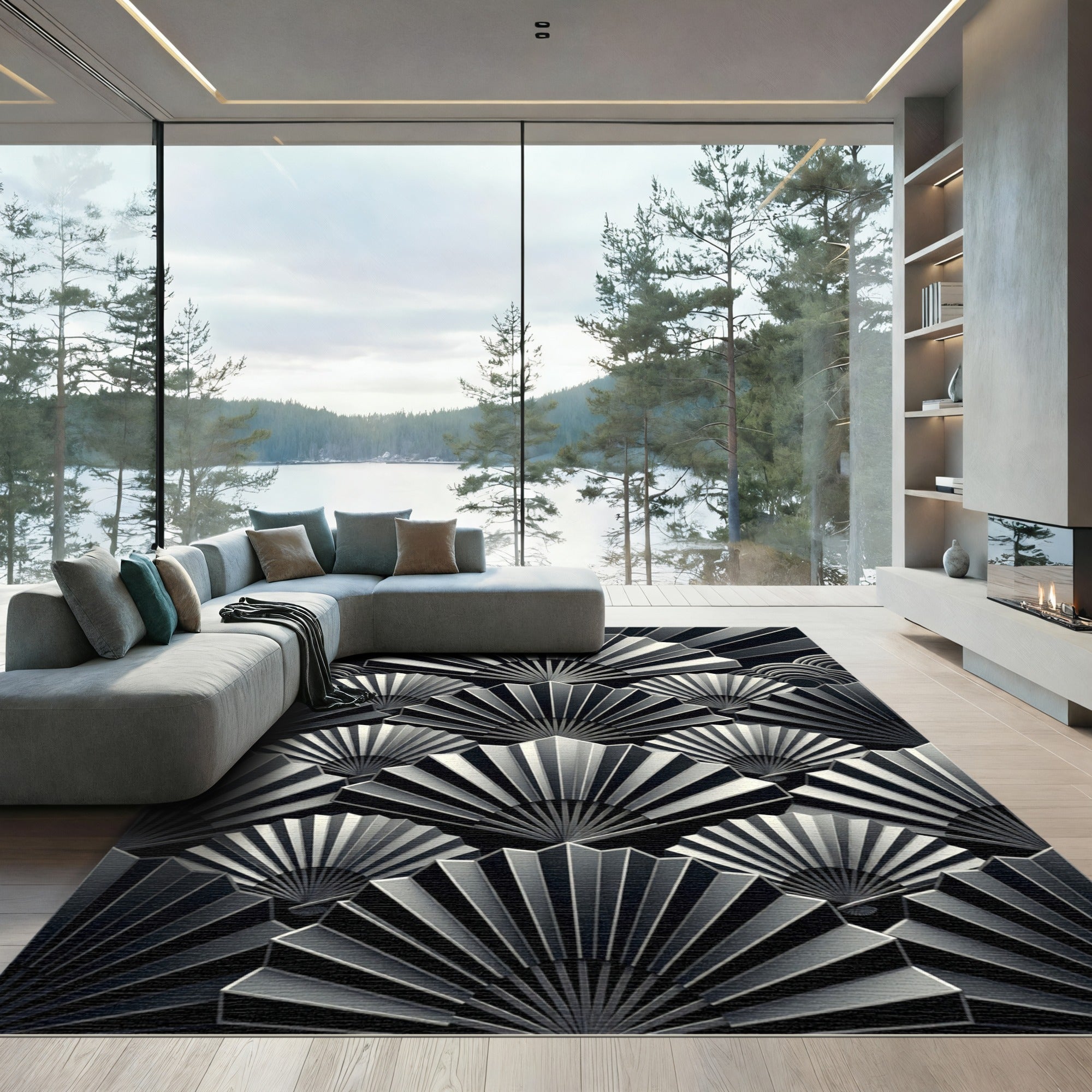 Monochrome Art Deco Fan Geometric Rug